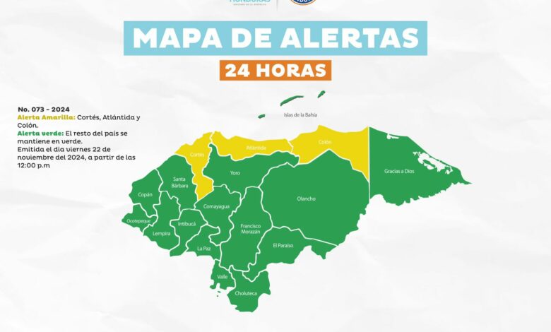 Alerta amarilla en tres departamentos y verde en el resto del país