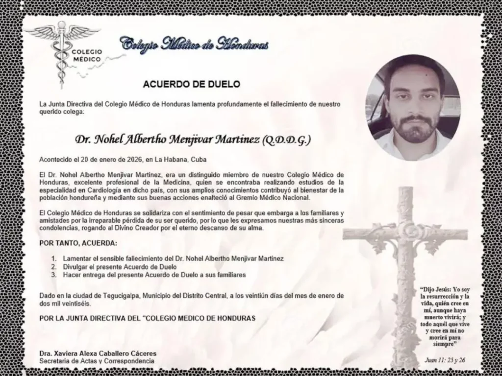 Conmoción por la muerte del médico hondureño Nohel Menjívar Martínez mientras cursaba su especialidad en Cardiología en Cuba.